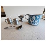 Pewter Salt, Pepper, Sugar and Enamel Mug