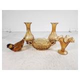 Amber Glass Collectibles Set With Bird