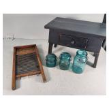 Vintage Washboard, Blue Ball Jars, and Table