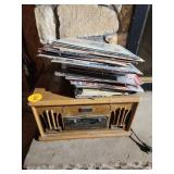 Wooden Record Player With Assorted Records