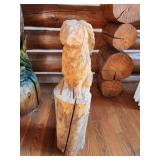 Wood Carved Rabbit Sculpture on Log Base
