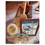 Wooden Magazine Rack and Assorted Wall Art