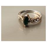 14K Gold Ring With Green Stone and Accent Diamonds