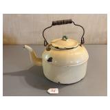 Cream and Green Enamel Tea Kettle