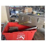 Toolbox level, prybar, handsaw, and drill