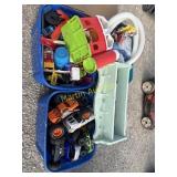 4 plastic totes with inflatable pool & RC toys