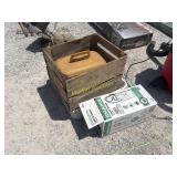 Sprayer, wood crate, fan, and box