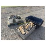 Dog crate, tools, landscape pavers