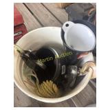 Bucket of chains, strings, and misc items