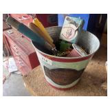 Bucket of garden tools and misc items