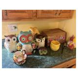 Owl, kitchen decorations, and a cookie jars