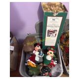 Tub of Christmas decorations, and a doll