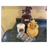 Two cookie jars and glassware