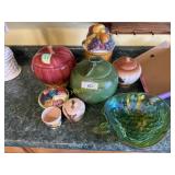 Three cookie jars and other glassware