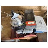 Tool trays and boxes and a heat lamp