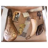 Bull horn, irons, measuring stick and misc