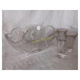 Glass bowl and shot glasses (3) +