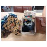 Knitting supplies, books and shoe shine box