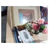 GE radio, flowers in vase and picture with frame