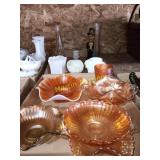 Orange and white glassware and misc