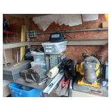 Shelf contents, tools, vise, grinder