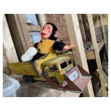 Antique metal toy truck plus jars plus monkey