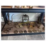 Brass items, cage, decor, candlestick holders,