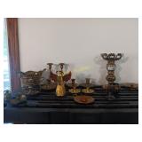 Brass items, candlestick holders, decor and bowl