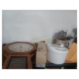 Clock, kitchen utensils, salad spinner, monkey
