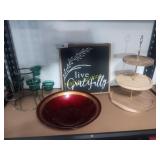 Decorative shelf, bowls, candlestick holders and