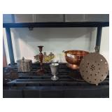 Copper and brass items, strainer, wall decor and