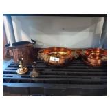 Copper and brass items, bowls and candlestick