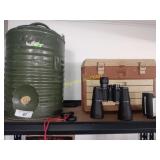 Water tank, tackle box, binoculars
