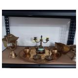 Brass items, candlestick holders, wall decor,
