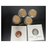 Four gold plated quarters, 1962 proof penny    TM