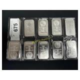 10- 1 Ounce Bars Of Silver