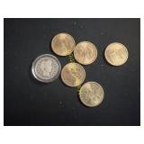 Five dollar coins and a 1907 barber quarter TF