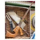 Box of Vintage Hand Tools Including Saws and Measu