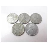 Lot of 5 U.S. 1943 Steel Pennies - Various Mint