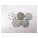 Lot of 5 U.S. 1943 Steel Pennies - Various Mint