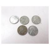 Lot of 5 U.S. 1943 Steel Pennies - Various Mint