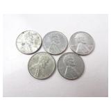 Lot of 5 U.S. 1943 Steel Pennies - Various Mint