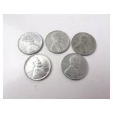Lot of 5 U.S. 1943 Steel Pennies - Various Mint
