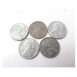 Lot of 5 U.S. 1943 Steel Pennies - Various Mint