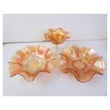 Lot of 3 Vintage Orange Carnival Glass Fluted