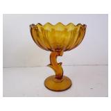 Vintage Amber Glass Flower Stemmed Dish - 7.5"H x