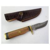 Wood Handle Damascus Hunting Knife w/ Sheath -