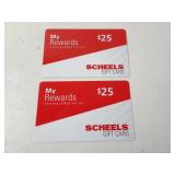 Lot of 2 $25 Scheels Gift Cards - Activated/Full