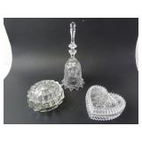 Lot of 3 Crystal Glass Items - Bell Heart Trinket