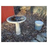 Concrete Bird Bath & Galvanized Trash Can